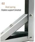 Bold spring design of heavy duty folding triangle wall brackets for custom corner shelves, stainless steel material.