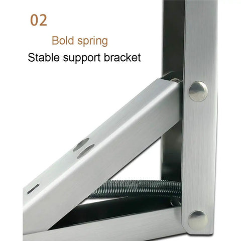 Bold spring design of heavy duty folding triangle wall brackets for custom corner shelves, stainless steel material.