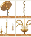 6 Light Gold Finish Chandelier details including base, chain, E12 candelabra arms, decorative tray for dining room, kitchen island.