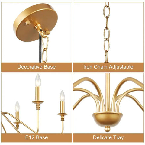 6 Light Gold Finish Chandelier details including base, chain, E12 candelabra arms, decorative tray for dining room, kitchen island.