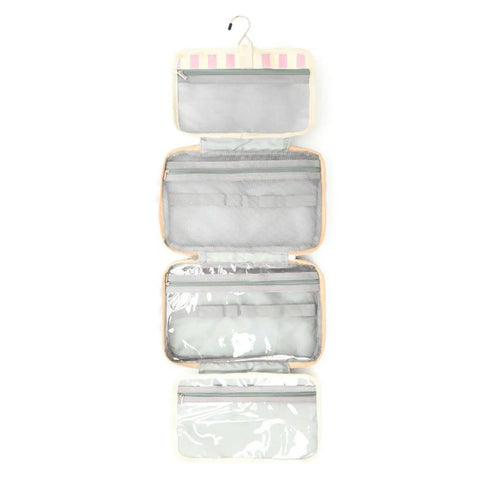 Open view of Water Resistant Cosmetic Bag With Leak Proof Pockets, Compact Toiletry Carrier with built-in hook and clear PVC compartments.