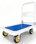 Heavy Duty Push Cart Dolly Platform Truck Hand Truck With 1212 Lbs Capacity, Wide 35.4 X 23.6 Inch Flatbed, 6 Inch Silent Rubber Wheels, Anti Slip Casters, Your Workhorse On The Job Load Carrier. White steel platform truck with blue flatbed and rubber wheels