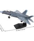 J35 Fighter Aircraft Buildable Model Kit With Durable Blocks shown on stand, size dimensions detailed, gray fighter jet model.