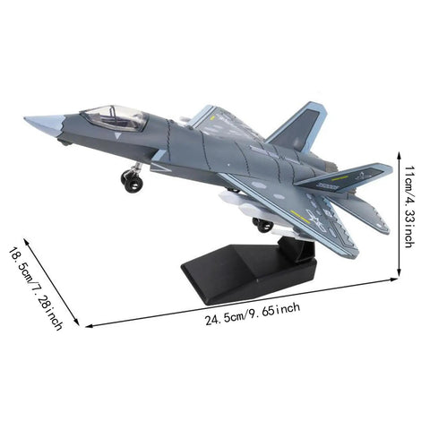 J35 Fighter Aircraft Buildable Model Kit With Durable Blocks shown on stand, size dimensions detailed, gray fighter jet model.