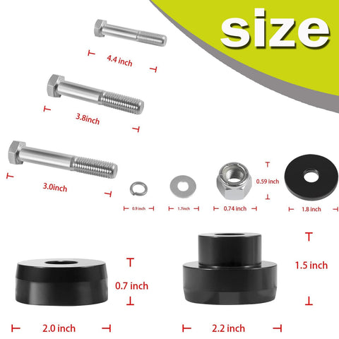 CNC Billet Aluminum Body Mount Bushings Kit for Camaro Nova Chevy II 1967-1981 with bolt and nut sizes shown