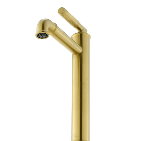 Avallon Single Hole Bathroom Faucet With High Arc Sleek Spout Single Handle Operation Pro Grade Solid Brass Construction 1.2 GPM Flow Rate Brushed Gold Finish Built To Last All Day Use showing high-arc spout detail