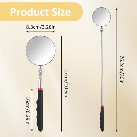 Telescoping Inspection Mirror With 360 Degree Rotation And Retractable Handle 3.16 Inch Diameter Circular Mirror, Extended and Collapsed View