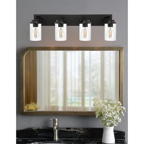 4 Light Black Vanity Light Fixture For Bathroom, Dope Modern Wall Mount With Seeded Glass Shades, 31 Inch Long over mirror