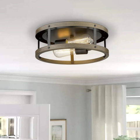 Farmhouse Flush Mount Ceiling Light 13 Inch Faux Wood And Metal 2 Light Fixture For Hallway Entryway Bedroom Kitchen Dining Room Retro Industrial Vibe Lamp With Warm Ambience