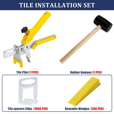 Tile Leveling System Kit With 1000 Spacers, 200 Reusable Wedges, Tile Plier And Rubber Mallet For Quick, Easy Ceramic And Stone Tile Installations One Eighth Inch Leveling Set displayed