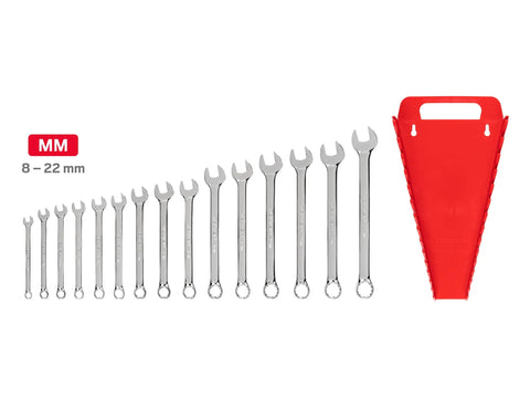 15 Piece Metric Combination Wrench Set 8 To 22 Mm With Angled Open End And 12 Point Box End Holder Pro Grade Handy For Tight Spaces