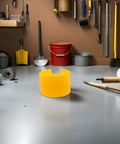 Built Different Yellow Column Protector Wrap For Warehouse Vertical Beam Support And Anti Collision Post Cover With Forklift Impact Shield For Grocery Store Safety Boss Level in workshop setting.