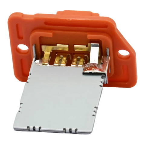 Manual Control Blower Motor Resistor For Hyundai Elantra And Elantra Coupe with orange casing and metal connectors for easy installation.