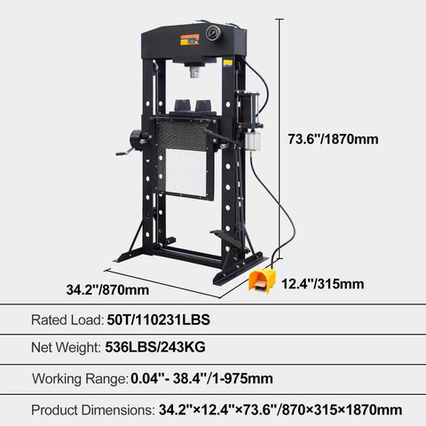 Heavy Duty 50 Ton H Frame Hydraulic Shop Press With Solid Steel Build And Floor Plates Designed For Garage Work And Auto Repair Jobs Built Tough To Handle Daily Grind Without Compromise dimensions and controls