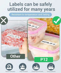 Labels for food storage in containers showcasing durability with Pretty Slick Portable Label Maker With Bluetooth Pairing And Durable Mono Ribbon Tape For Totally Neat Home Desks And Dorms Super Pocket Sized Sticker Creator.