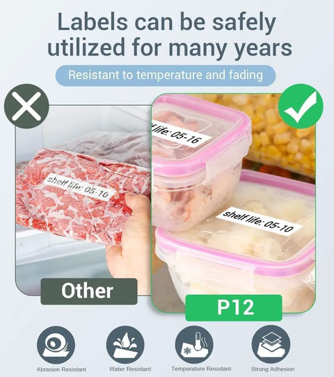 Labels for food storage in containers showcasing durability with Pretty Slick Portable Label Maker With Bluetooth Pairing And Durable Mono Ribbon Tape For Totally Neat Home Desks And Dorms Super Pocket Sized Sticker Creator.