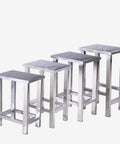 Sturdy 304 Stainless Steel Square Stools for factory lab workshop use, various heights, trapezoidal frame, non-slip feet, group view.