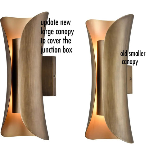 Mid Century 2 Light Brushed Brass Wall Sconce For Bathroom And Bedroom With Updated Canopy Dope Glam Art Deco Vibe Hardwired Wall Light In Sleek Metal Finish showing two canopy sizes