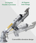 360 Degree Rotating Farm Irrigation Spray Gun With Adjustable Nozzle showing 24 and 44 degrees elevation features.