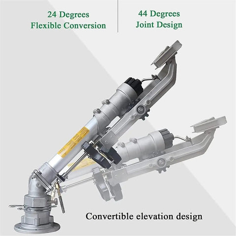 360 Degree Rotating Farm Irrigation Spray Gun With Adjustable Nozzle showing 24 and 44 degrees elevation features.