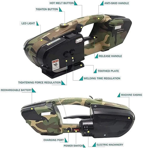 Heavy Duty Electric Strapping Machine With 3000mAh Battery For Swift PP And PET Strap Welding Automatic Packaging Tool labeled features