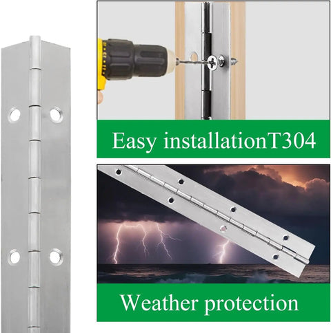 Heavy Duty 12 Inch Continuous Piano Hinge With Pre Drilled Holes Stainless Steel Cabinet Hardware shown installed with screws.
