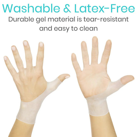 Gel Thumb And Wrist Support Brace For Pain Relief And Swelling Waterproof Cool Wrap shown on hands