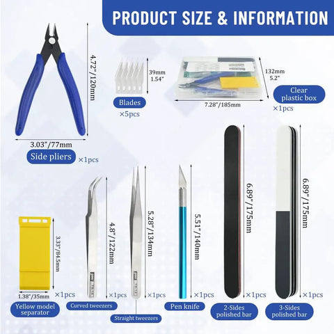 13 Piece Model Tools Kit For Hobbyists Beginner Friendly DIY Set For Cars Planes Buildings Robots And Gundam Plastic Models Repair And Fix Projects For Precision Detail Work And Weekend Builds product size and tools display.