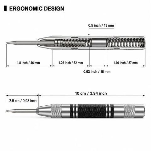 Heavy Duty Automatic Center Punch With Kickass Spring Loaded Design And Adjustable Tension For Precision Dimpling On Metal Wood Or Glass Includes Two Backup Tips And Rust Proof Finish Built Tough For Daily Job Site Grind, ergonomic design dimensions