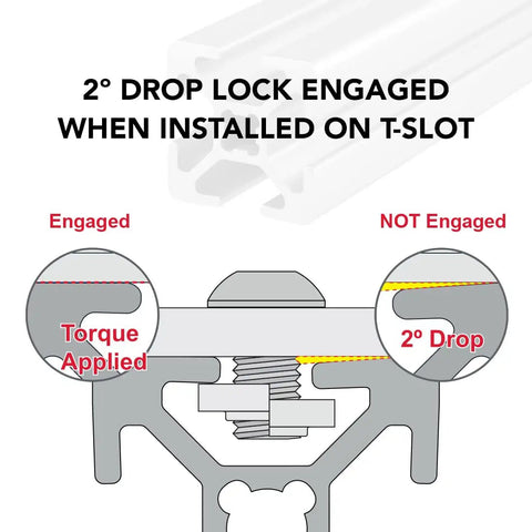Heavy Duty Modular 20x20 Aluminum Extrusion With Four Open T Slots For DIY Projects, 6063T6 Anodized Finish, Pro Grade Linear Rail Guide, 455mm Long, Built For Custom, Flexible Builds. 2° drop lock engaged diagram on T-slot extrusion.