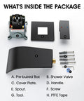 Package contents for Solid Brass Wall Mount Bathtub Faucet With Single Handle Waterfall Spout, including spout and valve parts.