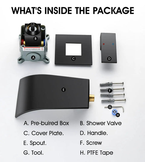 Package contents for Solid Brass Wall Mount Bathtub Faucet With Single Handle Waterfall Spout, including spout and valve parts.