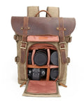 DSLR Camera Backpack Waterproof Canvas With Removable Dividers For Travel And Outdoor Shooting open showing camera gear inside