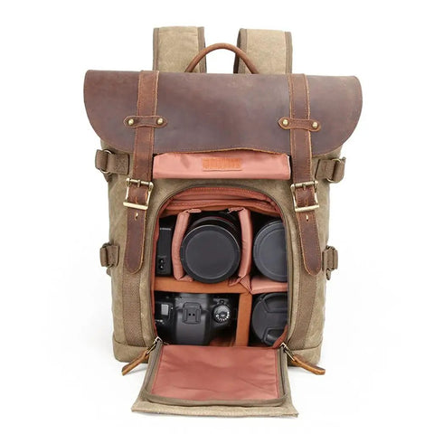 DSLR Camera Backpack Waterproof Canvas With Removable Dividers For Travel And Outdoor Shooting open showing camera gear inside