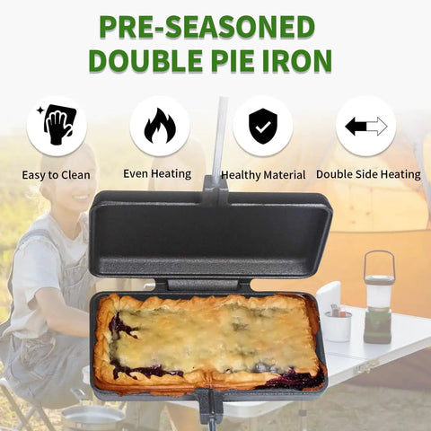 Double Pie Iron Sandwich Maker For Camping with a cooked pie inside, showing open cast iron surface, campfire setting background.