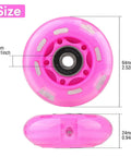 LED Light Up Inline Skate Wheels With Bushings For Kids And Beginners, 64mm Pink Glowing Wheel, Side and Front View, Dimensions Labeled
