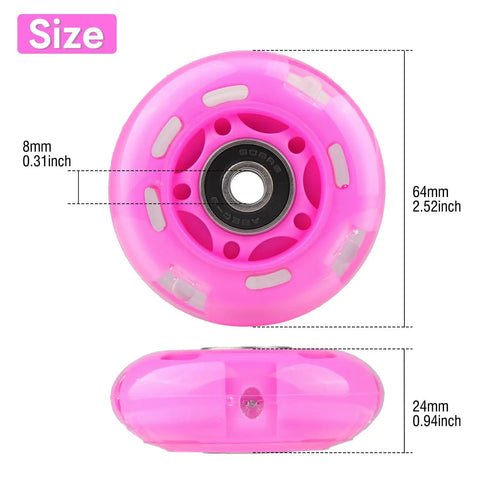 LED Light Up Inline Skate Wheels With Bushings For Kids And Beginners, 64mm Pink Glowing Wheel, Side and Front View, Dimensions Labeled