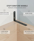 Beefed-Up Heavy Duty L Shaped Corner Bracket For Furniture Reinforcement, shown on a wooden corner with labeled features.