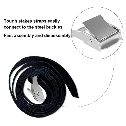 Close-up of bonus belt straps with steel buckle from Heavy Duty Trampoline Stakes Anchor Kit With Corkscrew Steel Stakes And T Hook.
