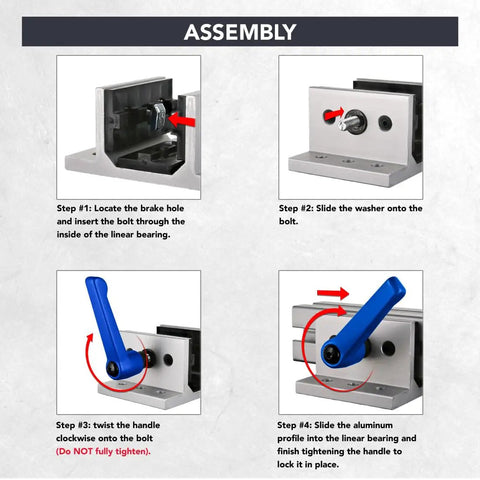 Blue L Handle Linear Bearing Brake Kit For 40 Series Aluminum Extrusion Accessories assembly steps with adjustable stop and lockdown safety features