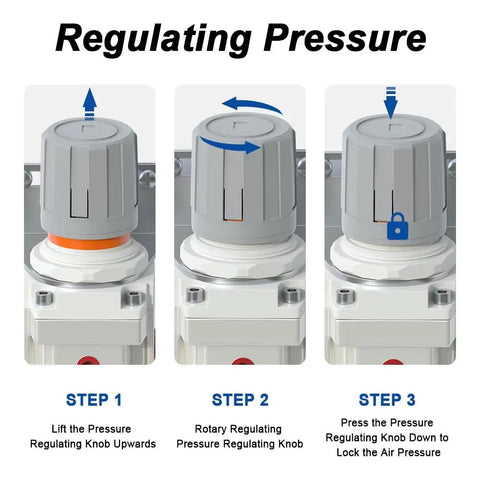 Three Eighths Inch NPT Air Filter Regulator Combo Piggyback With Five Micron Brass Element pressure regulation steps