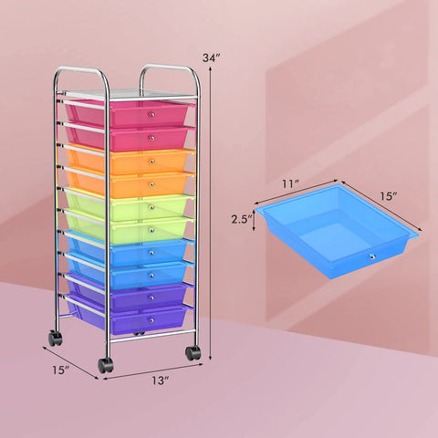 10 Drawer Rolling Storage Cart With Removable Drawers, Universal Casters And Two Brakes, Flexible Organizer, Rainbow Finish