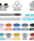 Grommets Kit 300 Sets 1/4 Inch Metal Eyelets With Base, Punch And Install Tool Included, shown with 10 color options