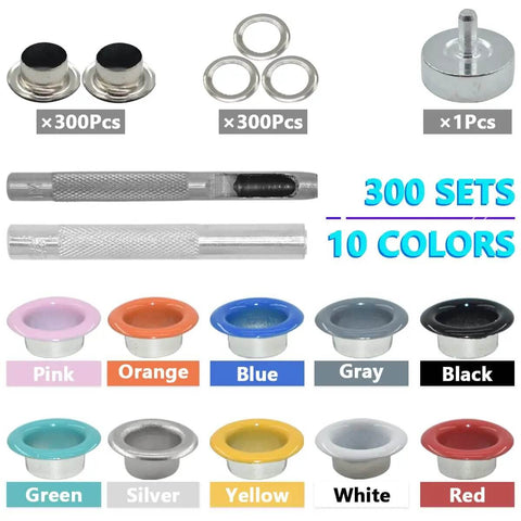 Grommets Kit 300 Sets 1/4 Inch Metal Eyelets With Base, Punch And Install Tool Included, shown with 10 color options