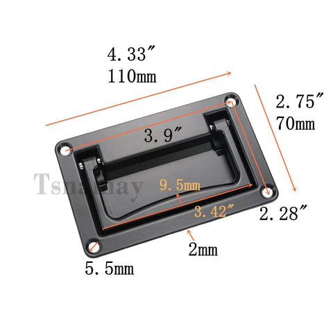 Black Recessed Pull Handle Set For Toolbox Chest Case Zinc Alloy Heavy Duty Flush Mount Door Handle with dimensions and hole spacing.