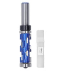 Top Pick Spiral Flush Trim Router Bit For Woodworking Pros With Tungsten Carbide Blades And 1/2 Inch Shank To Cut Smooth Edges Fast, showing blue router bit with 1/2 inch shank.