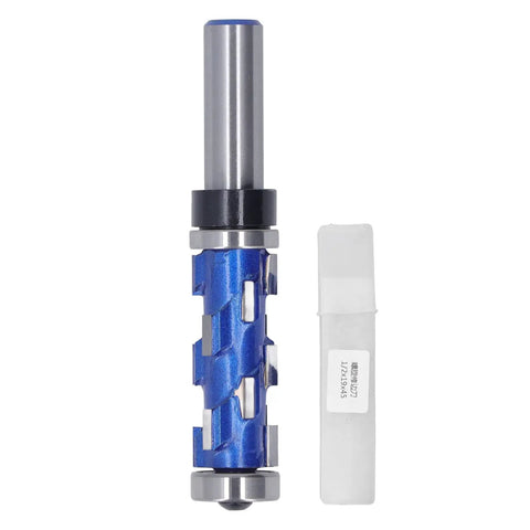 Top Pick Spiral Flush Trim Router Bit For Woodworking Pros With Tungsten Carbide Blades And 1/2 Inch Shank To Cut Smooth Edges Fast, showing blue router bit with 1/2 inch shank.