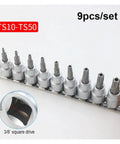 Top Notch 9pc Torx Screwdriver Bit Socket Set T10 To T50 Plus Pentalobe Star Bits For Heavy Duty Car And Gear Repair With Durable Cr-v Steel Construction And Super Strong Grip That Gets The Job Done Smoothly. 9pc TS10-TS50 set, 3/8" drive