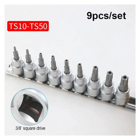 Top Notch 9pc Torx Screwdriver Bit Socket Set T10 To T50 Plus Pentalobe Star Bits For Heavy Duty Car And Gear Repair With Durable Cr-v Steel Construction And Super Strong Grip That Gets The Job Done Smoothly. 9pc TS10-TS50 set, 3/8" drive