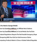Television report about garage security featuring text: Why You Need a Garage Shield; Six Second Break-In warning headline.